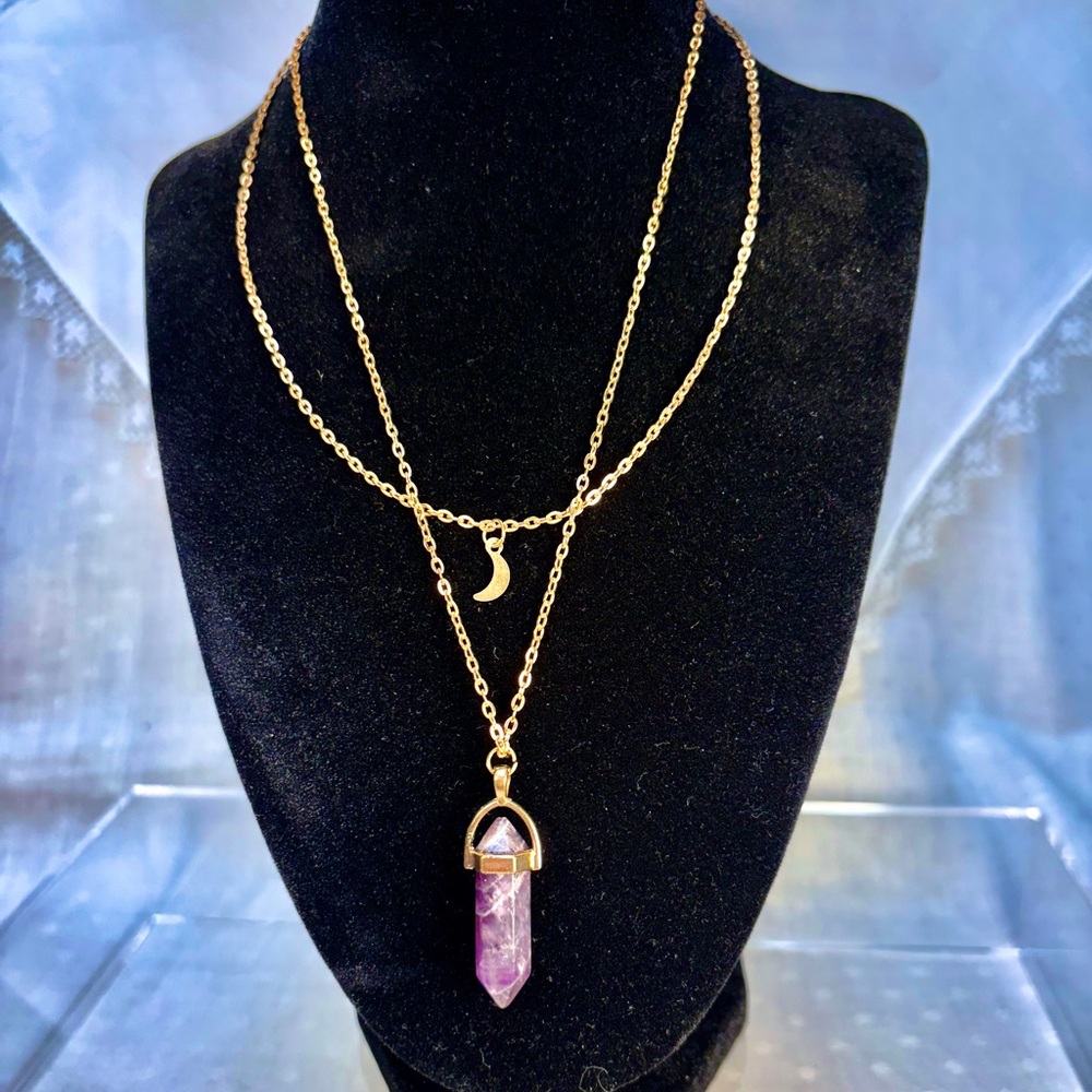 Women Jewelry Necklace Gold Double Strand Chain with Amethyst Crystal 3”Extender